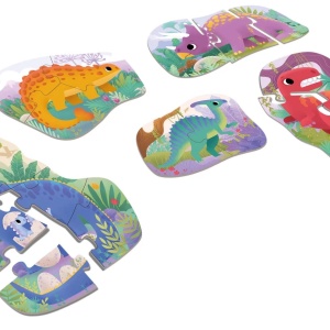 Joc educational pentru copii, 5 puzzle progresive cu Dinozauri, KuKiKuk Efko, 19 piese mari, carton gros, animatii colorate haioase, varsta 2-5 ani - Img 2