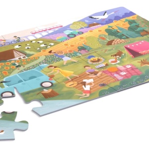 Joc educational pentru copii, tip puzzle On the trip cu 2 fete, KuKiKuk Efko, 24 piese mari, carton gros, animatii colorate haioase, o fata pentru colorat, dimensiune montare 68x47 cm, varsta 2-6 ani - Img 1