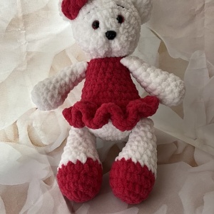 Jucarie de plus Ursulet Klara, lucrata manual, handmade, textil, roz/alb, 27 cm