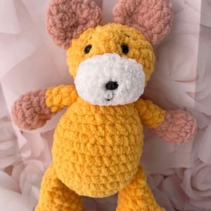 Jucarie de plus Ursulet Teddy, lucrata manual, handmade, textil, roz/galben, 27cm