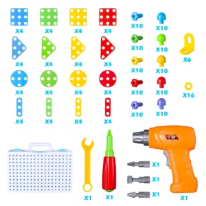 Jucarie educativa si interactiva STEM, set de constructie puzzle din ABS cu bormasina pentru inginerie 2D si 3D cu 237 piese, carcasa portabila, +3, WW2004