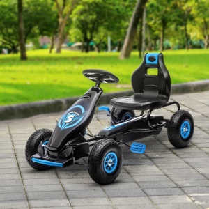 Kart cu pedale pentru copii cu scaun reglabil si frana de mana, PP/metal, 121x58x61 cm, scaun 35x28x35cm, roti cauciuc Φ28cm, capacitate 50kg, certificat EN71, varsta 3+/recomandat 5-12 ani, albastru/negru - Verificat A · Re-Bloom - Img 2