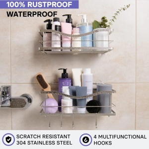 KINCMAX set 2 rafturi de baie, otel inoxidabil 304, raft 1: 31.5x11.9x12.9 cm + raft 2: 32x14x12.9 cm, 9kg/raft, 4 carlige mobile, drenaj optimizat, argintiu - Verificat A · Re-Bloom - Img 4