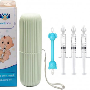 Kit cu aspirator si seringa pentru curatarea sinusilor la bebelusi Boodibou, albastru, plastic/silicon, 9.5 x 1.5 cm 