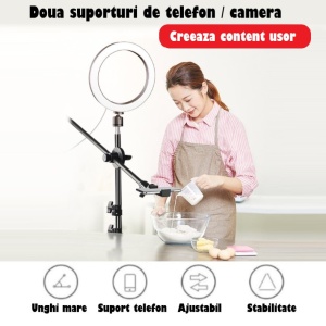 Lampa Circulara Ring Light REVOSE™ cu Extra Brat, Diametru 36cm/14inch LED, Lumina Naturala/Rece/Calda, Trepied 210 cm Inclus, Telecomanda Bluetooth - Img 3