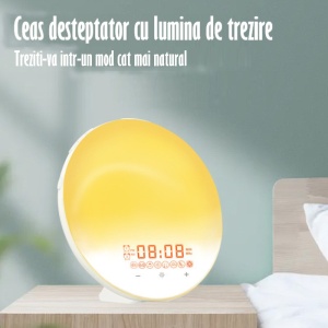 Lampa LED Inteligenta, Radio FM cu Ceas si Alarma, Simulare Rasarit si Apus de Soare, Sunete albe, 7 culori LED, Smart Wake-up light, Port USB - Img 2