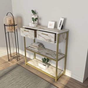 Latho consola hol 90x30.5x92 cm, PAL melaminat, blat efect marmura alba, rezistent la zgarieturi, alb - Verificat A · Re-Bloom - Img 2