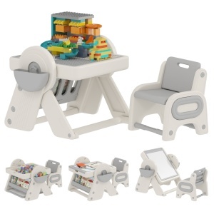 Masa multifunctionala pentru copii cu raft, sertare si tabla, HDPE/PP, masa 88x61x58cm + scaun 40x37x47cm, varsta 2-4 ani, capacitate 10kg masa/30kg scaun, 2 cutii depozitare incluse, gri/alb - Verificat A · Re-Bloom