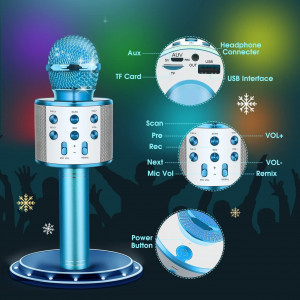 Microfon profesional wireless karaoke cu Bluetooth DEVRNEZ , albastru, difuzor, radio FM, USB TF, inregistrare sunet, acumulator, 25 x 9,5 cm - Img 6