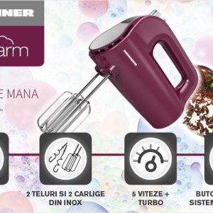 Mixer de mana Heinner HM-350BGL, Putere 350W, 5 Viteze, Decoratiuni Inox, Burgundy - Img 3