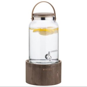Navaris dozator bauturi 5.6L, suport lemn, robinet inox, maner piele, Transparent/Maro - Verificat A · Re-Bloom