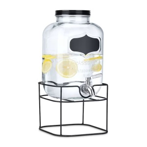 Navaris dozator bauturi 5L, suport metalic negru, robinet inox, sticla, Transparent/Negru - Verificat A · Re-Bloom