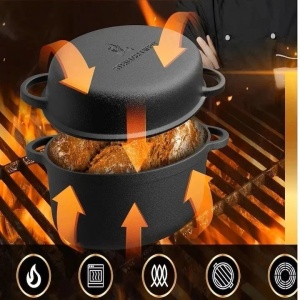 Oala cu capac din fonta, 6 l, 2in1, pentru cuptor, plita, gaz, electric, cu inductie, ovala, 35x25x17 cm, Negru, Resigilat, Grad A - Img 3