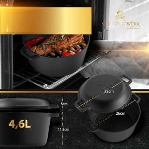 Oala cu capac Steinzeitwerk din fonta, 4.6 l, 2in1, pentru cuptor, plita, gaz, electric, cu inductie, 26 cm, Resigilat, Grad A - Img 4