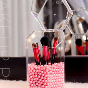 Organizator hexagonal pentru cosmetice YANROO, acril, transparent/roz