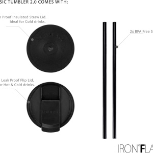 Pahar din otel inoxidabil IRON °FLASK, cu pai si capac, izolat, rece 16 ore / cald 4 ore, negru, 950 ml - Img 2