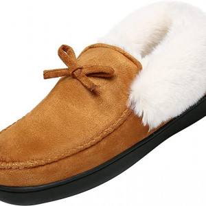 Papuci de iarna cu blana Mishansha, textil/cauciuc, maro/alb, 40
