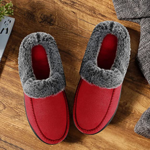 Papuci de iarna cu blana Mishansha, textil/cauciuc, rosu/gri, 40 - Img 3