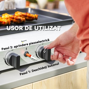 Plita de gratar pe gaz cu 4 arzatoare, otel inoxidabil/metal, 77x44.5x19 cm, suprafata gatit 73x34cm, 4x2.4kW/8000BTU, placa 3mm, propan, tava grasime, regulator + duza incluse, argintiu/negru - Verificat A · Re-Bloom - Img 5