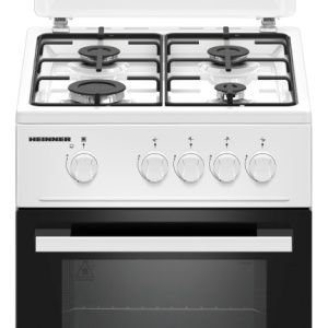 Produs Resigilat Aragaz gaz HEINNER HFSC-K50WH, 50x50cm, 4 arzatoare, suport email, capac metalic, dispozitiv de siguranta plita si cuptor, usa cuptor cu geam dublu detasabil, duze gpl incluse, tava si gratar cromat, dimensiuni: 50x50x85cm, culoare: alb
