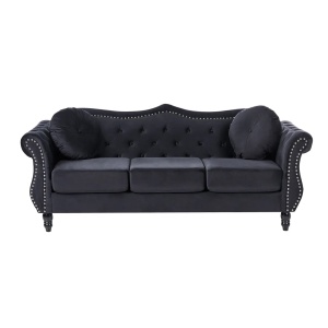 Produs Resigilat Canapea 3 locuri Re-Bloom Skien, catifea/eucalipt/pin, 204x78x86 cm, arcuri sinuoase, spuma 16cm, 2 perne, 150 kg/persoana, negru - Verificat A