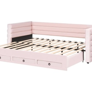 Produs Resigilat Canapea extensibila cu depozitare Re-Bloom Meudon, catifea/placaj/MDF, 235x105-180x75 cm, somiera 16 lamele, suprafata dormit 90-180x200 cm, 150 kg, roz pastel - Verificat A - Img 6