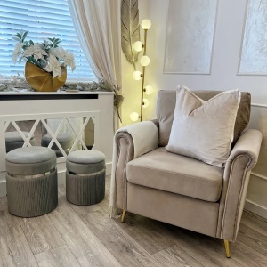 Produs Resigilat Set 2 tabureti Re-Bloom Camdenton catifea cu depozitare, rotunde, 36x44 si 31x38 cm, spuma 25 kg/m3, benzi metalice lucioase, 150 kg, gri deschis - Verificat A - Img 3