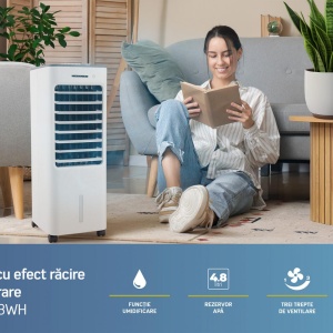Produs Resigilat Ventilator cu efect de racire prin evaporare Heinner HACLP-M53WH, functie umidificare, 3 viteze, oscilatie unghi larg, capacitate rezervor apa: max 4.8L, filtru si rezervor apa detasabile, doua recipiente gheata, roti manevrare usoara, 50 - Img 11
