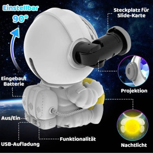 Proiector cer instelat cu lumina de noapte pentru copii Astronaut Star Galaxy  M&LD, LED, alb, ABS, baterie,  14 x 14 x 20 cm