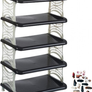 Raft de pantofi cu 5 nivele Magazin IKLOB®, plastic, alb/negru, 80 x 48 x 31,5 cm