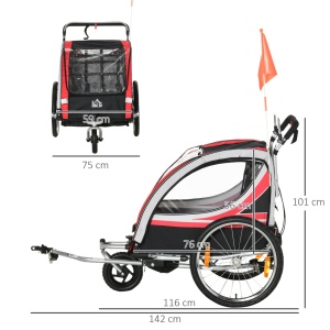 Remorca bicicleta pentru copii Re-Bloom, 2 in 1, otel/tesatura oxford, rosu/gri/negru, 142 x 75 x 101 cm, Resigilat, Grad A - Img 3