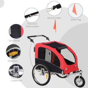 Remorca de bicicleta 2in1 carucior pentru animale, otel/poliester Oxford impermeabil/PU, 155x83x108 cm, spatiu interior 77x60x56 cm, roti spate 51cm + fata 25cm pivotanta 360°, capacitate 30kg, potrivita caini pana la 20kg/53cm, rosu/negru - Verificat A · - Img 3