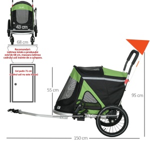 Remorca de bicicleta 2in1 carucior pentru caini pliabil, aluminiu/tesatura Oxford, 150x68x95 cm pliat 94x43x20 cm, roti 6"/16", capacitate 30kg, potrivita caini pana la 20kg/49cm, verde/negru - Verificat A · Re-Bloom - Img 3