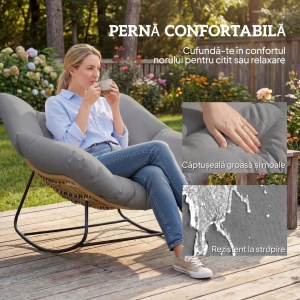 Scaun balansoar de terasa, metal/ratan sintetic/poliester, 97x107x79 cm, sezut 60x60cm/inaltime 40cm, perna 136x128x10cm inclusa, capacitate 120kg, lemn natural/gri - Verificat A · Re-Bloom - Img 5