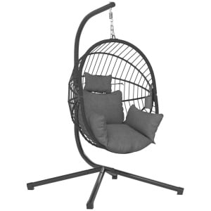 Scaun suspendat de exterior tip ou cu perna, otel/poliester/spuma/franghe PP, 115x106x188 cm, cos 90x62x114 cm, sezut 74x56cm/inaltime 43cm, capacitate 120kg, gri - Verificat A · Re-Bloom