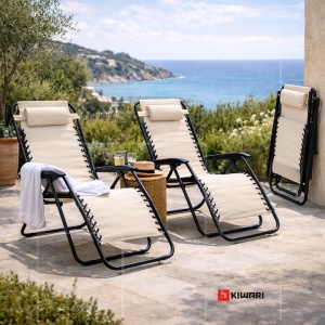 Set 11 sezlonguri pliabile Kiwari Beach 165x65x113 cm, gravitatie zero, cadru metalic/textil, tetiera, portabil, plaja/piscina/terasa, bej - Img 2