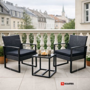 Set 12 x set mobilier Kiwari Terrace, masa 40x40x41 cm + 2 scaune 59x63x73 cm, metal/plastic/ratan, perne incluse, gradina/terasa/balcon, negru - Img 3