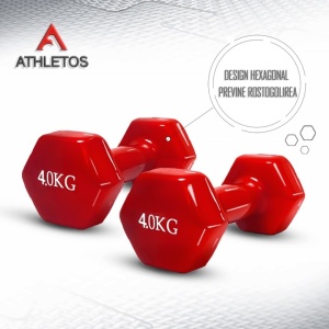 Set 2 gantere Athletos®, 2 x 4 kg, interior fonta, acoperire vinil, forma hexagonala, pentru antrenament cu greutati si fitness, Rosu, Resigilat, Grad A - Img 2