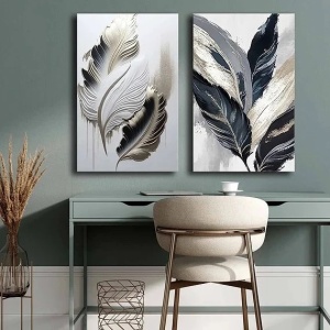 Set 2 tablouri decorative canvas model frunze 45x70 cm, panza/lemn, stil natural modern, multicolor - Verificat A · Re-Bloom