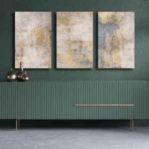 Set 3 tablouri decorative canvas, 3x45x70 cm, dimensiune totala 145x70 cm, panza 100% 2.8mm, cadru lemn pin 100%, gri/auriu - Verificat A · Re-Bloom