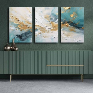 Set 3 tablouri decorative canvas 45x70 cm, panza 100% grosime 2.8mm, rama lemn pin 100%, dimensiune totala 145x70 cm, alb/auriu/albastru - Verificat A · Re-Bloom