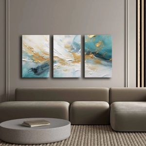 Set 3 tablouri decorative canvas 45x70 cm, panza 100% grosime 2.8mm, rama lemn pin 100%, dimensiune totala 145x70 cm, alb/auriu/albastru - Verificat A · Re-Bloom - Img 4