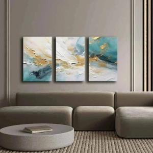 Set 3 tablouri decorative canvas 45x70 cm, panza 100% grosime 2.8mm, rama lemn pin 100%, dimensiune totala 145x70 cm, alb/auriu/albastru - Verificat A · Re-Bloom - Img 2