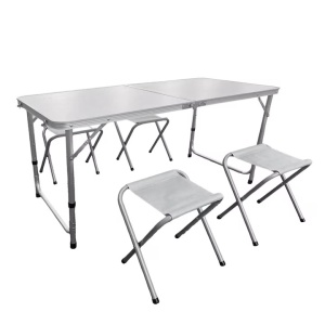 Set 30 x set mobilier camping Kiwari Camp, masa 120x60x54-70 cm + 4 scaune 35x32x27.5 cm, pliabil/portabil, aluminiu/plastic/textil, alb/gri
