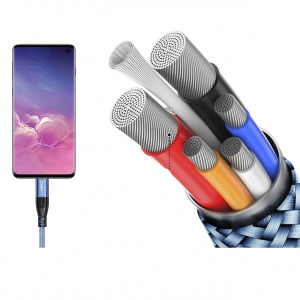 Set 5 cabluri USB Type C Xgmatt, nailon/aliaj de aluminiu, gri/negru/albastru, 2 m