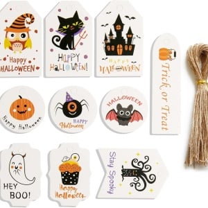 Set 50 etichete cu snur pentru Halloween Butyeak, hartie/textil, multicolor