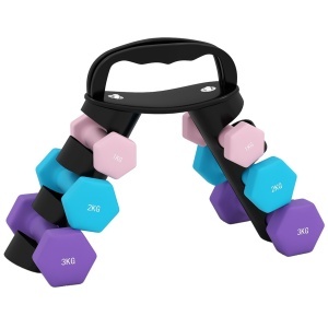 Set 6 gantere cu suport, metal/plastic, roz/albastru/mov, 2x1kg + 2x2kg + 2x3kg - Verificat A · Re-Bloom