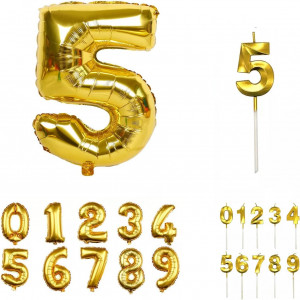 Set aniversar cu balon si lumanare pentru 5 ani REVIBOS, folie/ceara, auriu, 100 cm / 12,5 x 3,5 cm - Img 1