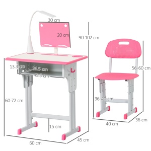 Set birou + scaun ergonomic pentru copii 6-12 ani, PP/MDF/otel, birou 60x45x90-102cm + scaun 40x36x70-74cm, inaltime reglabila, lampa LED 5W, sertar, suport carti, roz - Verificat A · Re-Bloom - Img 3