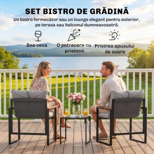 Set bistro 3 piese gradina, masa 40x40x40 cm si 2 scaune 64x62x68 cm, cadru metal antirugina, textilena, perne 10 cm, blat sticla calita, negru si teak - Verificat A · Re-Bloom - Img 4
